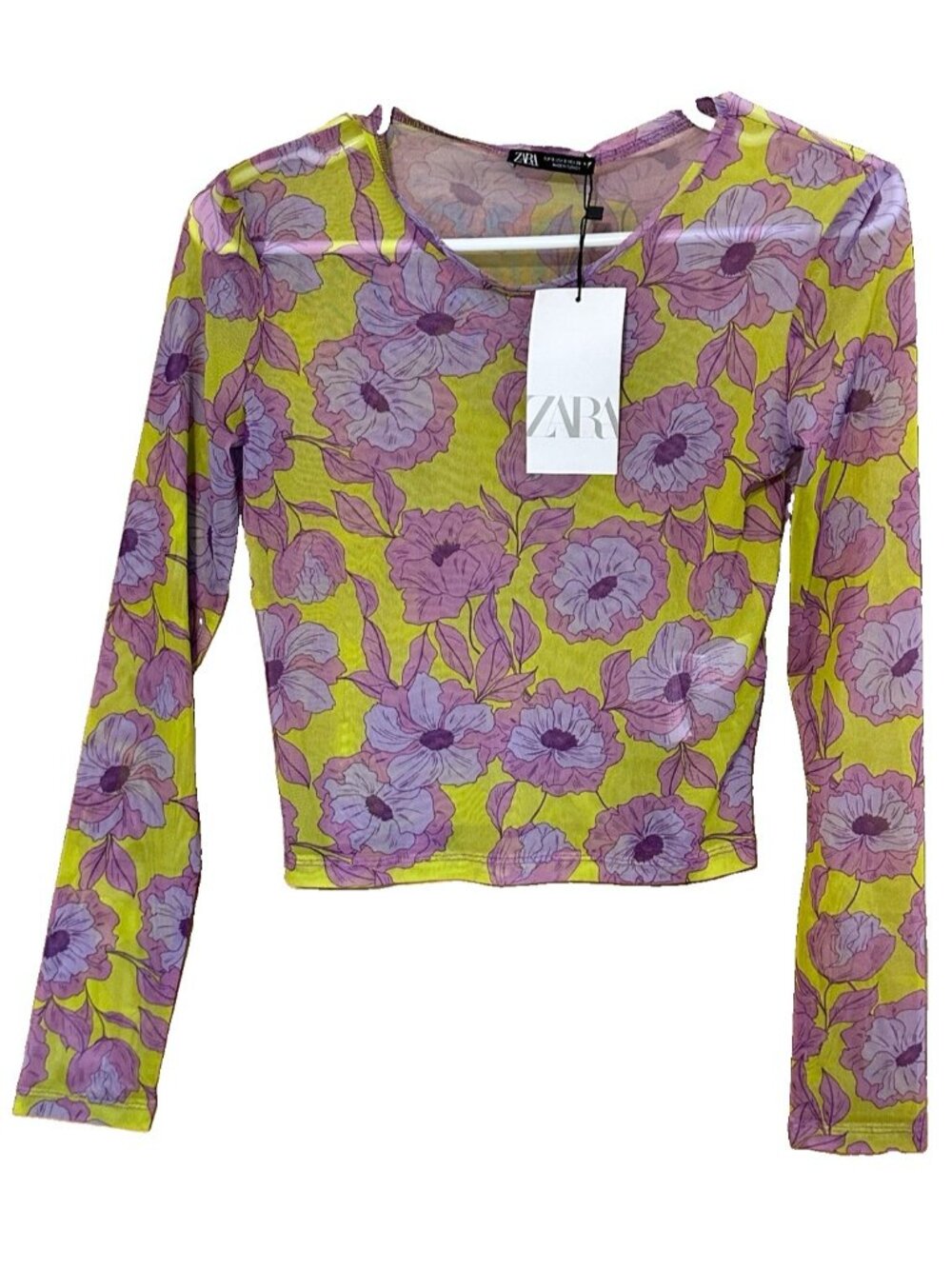 NWT sheer Zara Small long-sleeve crop top vibrant purple floral EDC festival